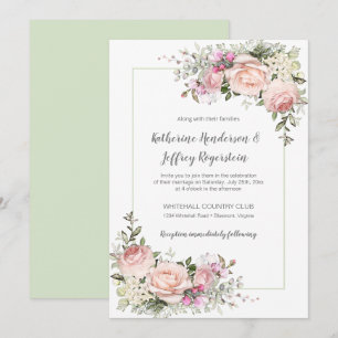 Blush Pink Green Watercolor Floral Wedding Invitation