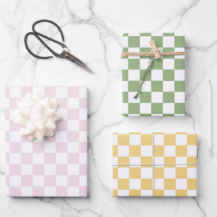 Blush Pink Green Yellow Chequered Squares Birthday Wrapping Paper Sheet