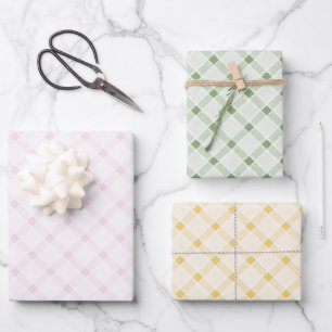 Blush Pink Green Yellow Plaid Stripes Birthday Wrapping Paper Sheet