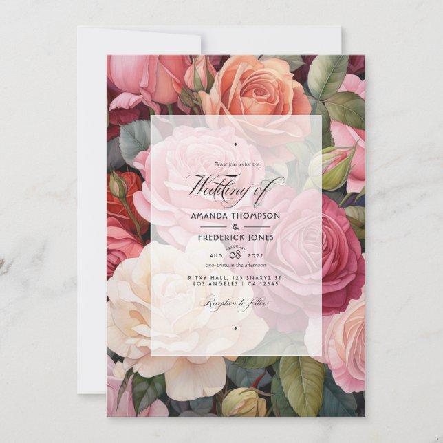 Blush Pink, Greenery and Cinnamon Rose Wedding Invitation (Front)