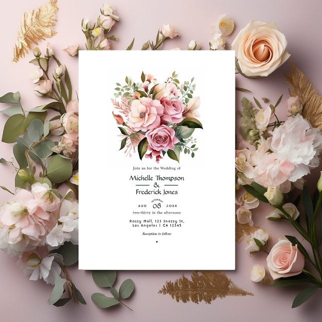 Blush Pink, Greenery and Cinnamon Rose Wedding Invitation (Creator Uploaded)