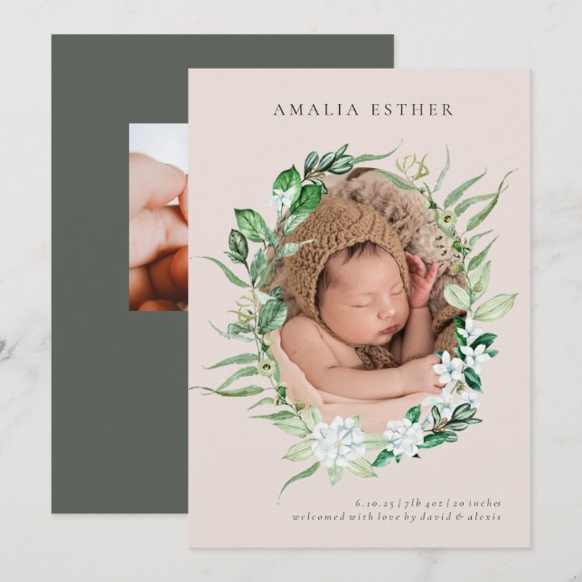 Blush Pink & Greenery Baby Girl Birth Announcement (Front/Back)