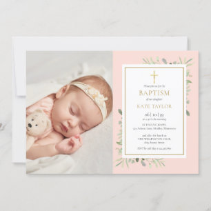 Blush Pink Greenery Baptism Christening Photo Invitation