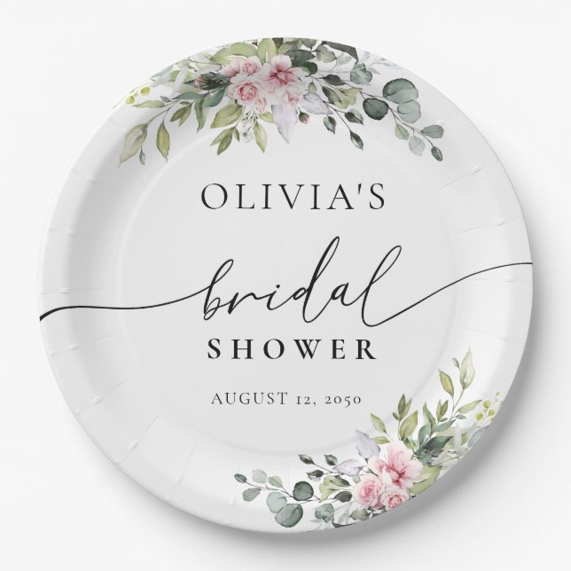 Blush Pink Greenery Bridal Shower  Paper Plate (Front)