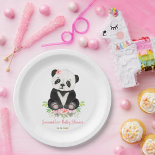 Blush Pink Greenery Cute Bear Girl Baby Shower Paper Plate