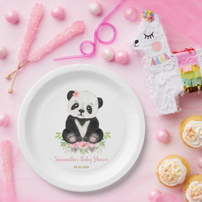 Blush Pink Greenery Cute Bear Girl Baby Shower Paper Plate (Party)