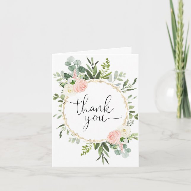 Blush pink greenery eucalyptus pink floral thank you card (Front)