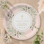 Blush Pink Greenery First Holy Communion Paper Plate<br><div class="desc">Featuring delicate watercolor greenery leaves on a blush pink background and an elegant gold crucifix,  this chic holy communion plate can be personalised with your special event information. Designed by Thisisnotme©</div>