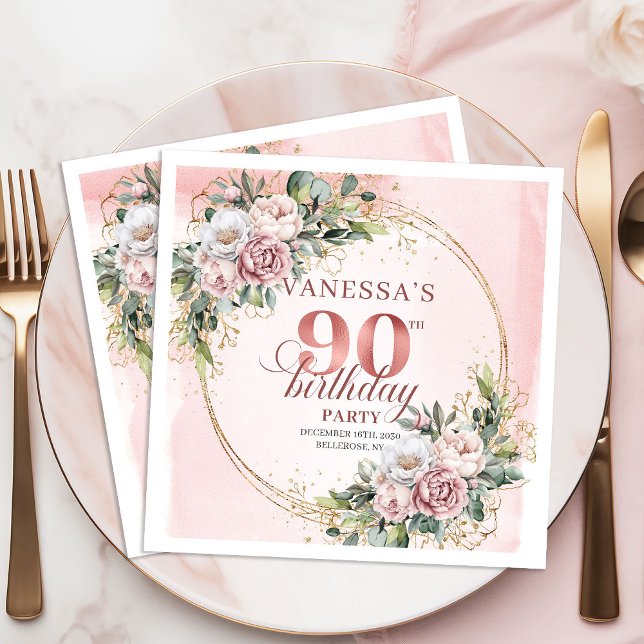 Blush Pink Greenery Floral 90th Birthday Party   Napkin (Blush Pink Greenery Floral 90th Birthday Party Napkins)
