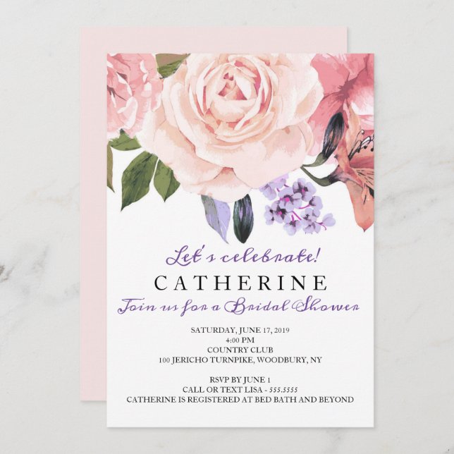 Blush Pink & Greenery Floral Bridal Shower Invitation (Front/Back)