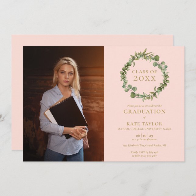 Blush Pink Greenery Garland Photo Graduation Party Invitation (Front/Back)