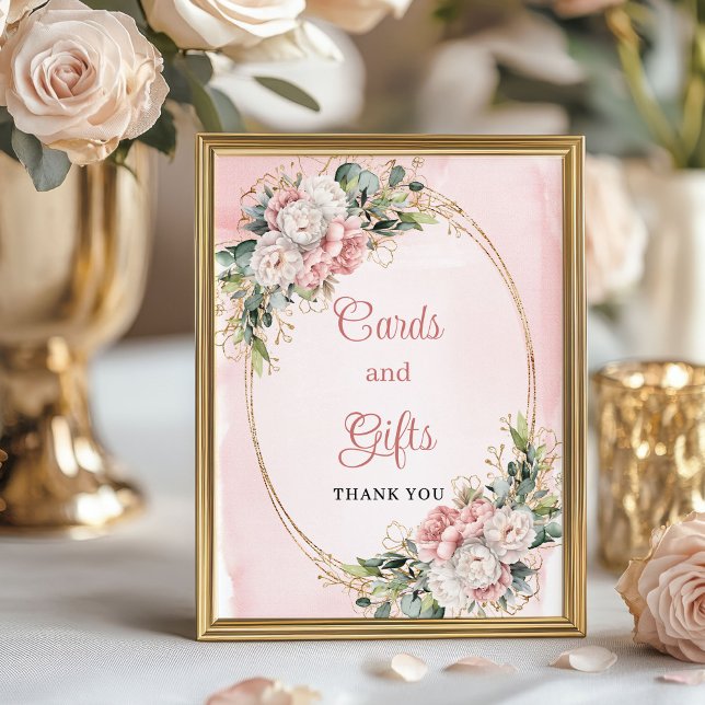 Blush Pink Greenery Glitter Cards and Gifts Shower Poster (Blush Pink Greenery Glitter Cards and Gifts Shower Sign)