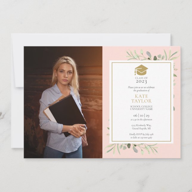 Blush Pink Greenery Gold Graduation Party Photo Invitation (Front)