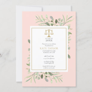 Blush Pink Greenery Law School Graduation Photo In Invitation