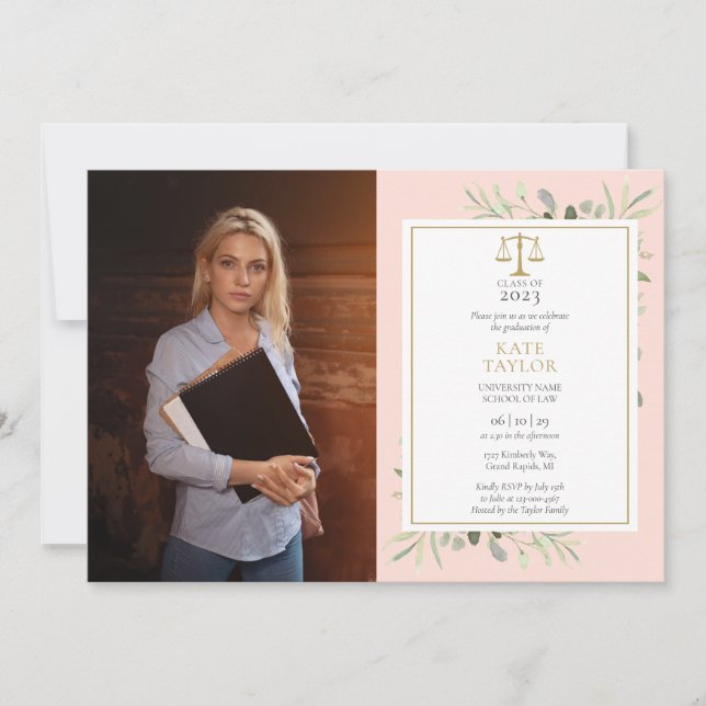Blush Pink Greenery Law School Graduation Photo  Invitation (Front)