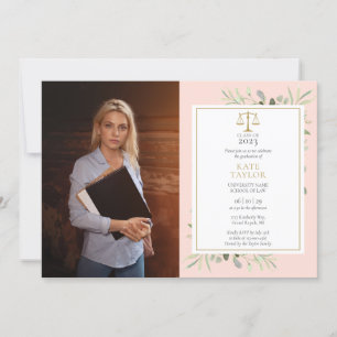 Blush Pink Greenery Law School Graduation Photo Invitation