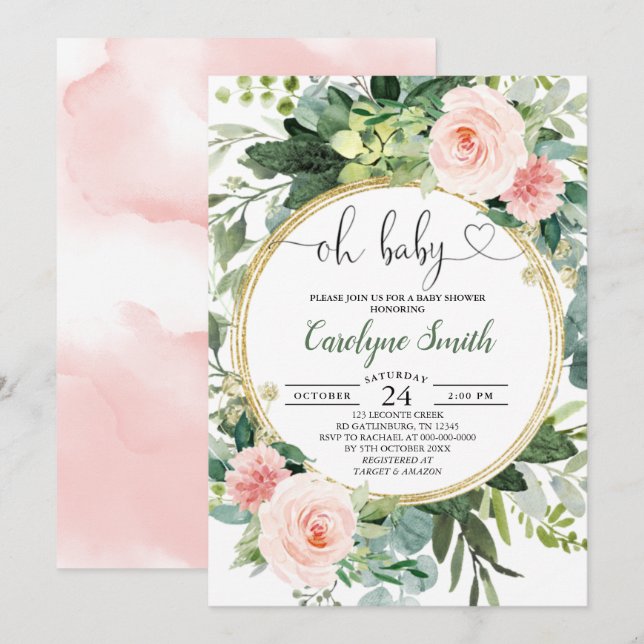 Blush Pink Greenery Oh Baby Girl Baby Shower Invitation (Front/Back)