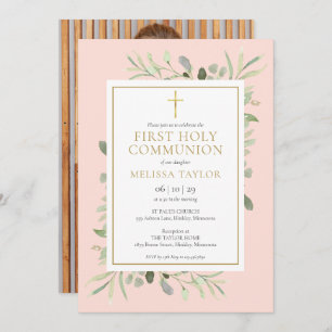Blush Pink Greenery Photo First Holy Communion Invitation