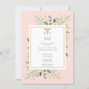 Blush Pink Greenery RN Nursing Graduation Photo In Invitation