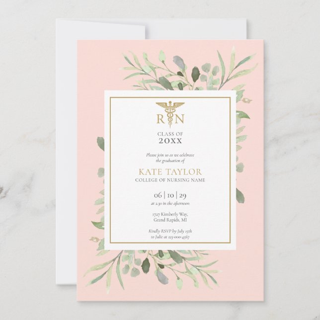 Blush Pink Greenery RN Nursing Graduation Photo In Invitation (Front)