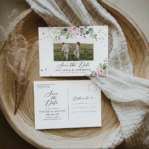 Blush Pink Greenery Save The Date Postcard