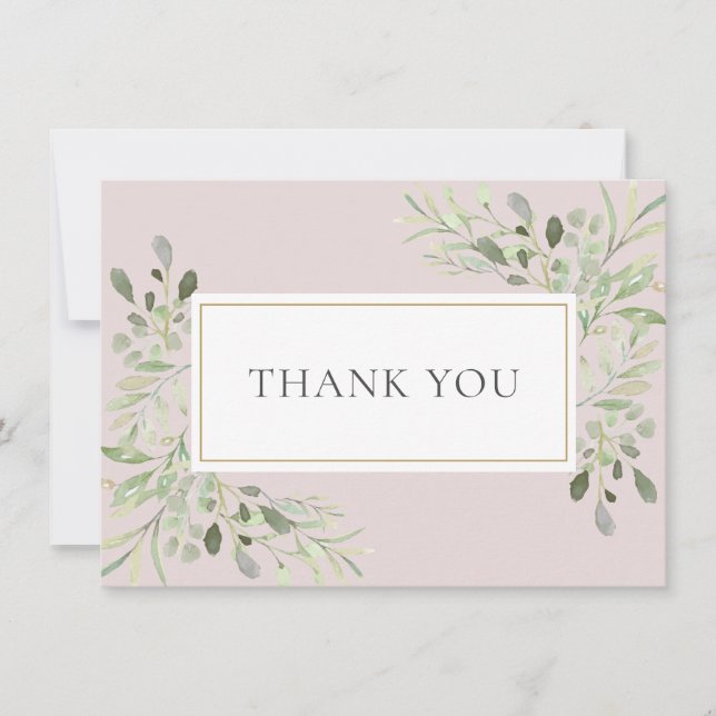 Blush Pink Greenery Watercolor Leaves Thank You Card (Front)