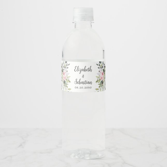 Blush Pink Greenery Wedding Water Bottle Labels (Front)