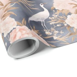 Blush Pink Grey Asian Floral Bird Wrapping Paper
