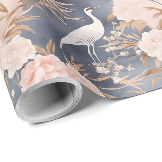 Blush Pink Grey Asian Floral Bird Wrapping Paper (Roll Corner)