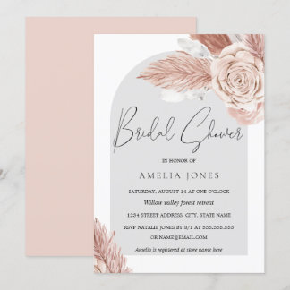 Blush Pink Grey Boho Flowers Arch Bridal Shower Invitation