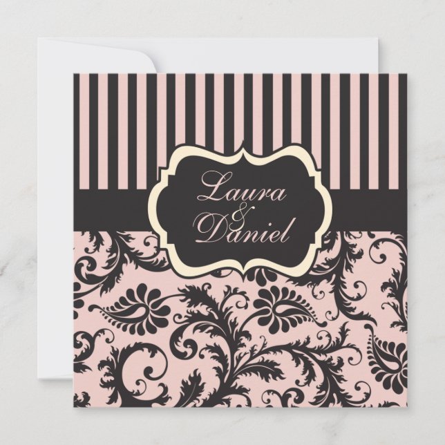 Blush Pink, Grey, Cream Striped Damask Invite (Front)