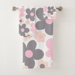 Blush Pink Grey Daisies Retro Dream #1 #retro #art Bath Towel Set