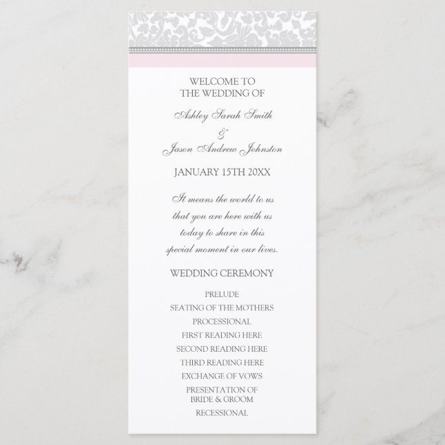 Blush Pink Grey Damask Wedding Program Programme (Front)