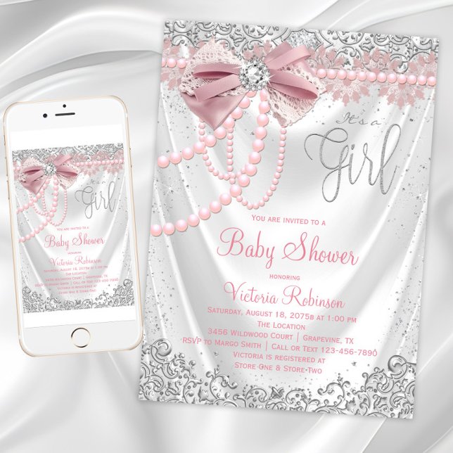 Blush Pink Grey Diamond Pearl Girly Baby Shower Invitation (Pretty blush pink satin baby shower invitation. Instant download and printed invitations available.)