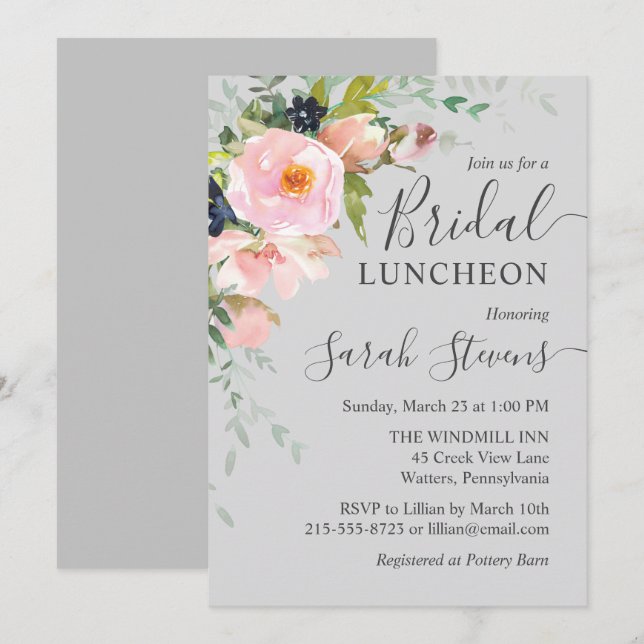 Blush Pink & Grey Floral Bouquet Bridal Luncheon Invitation (Front/Back)