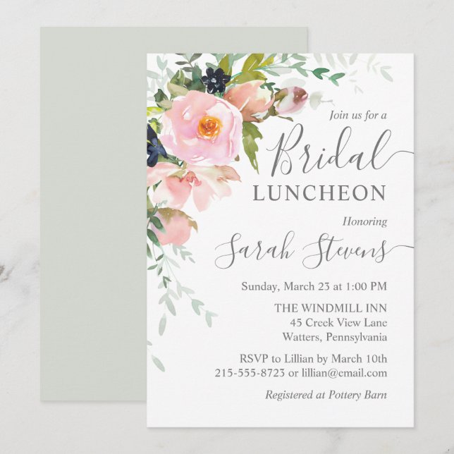 Blush Pink & Grey Floral Bridal Luncheon Invitation (Front/Back)