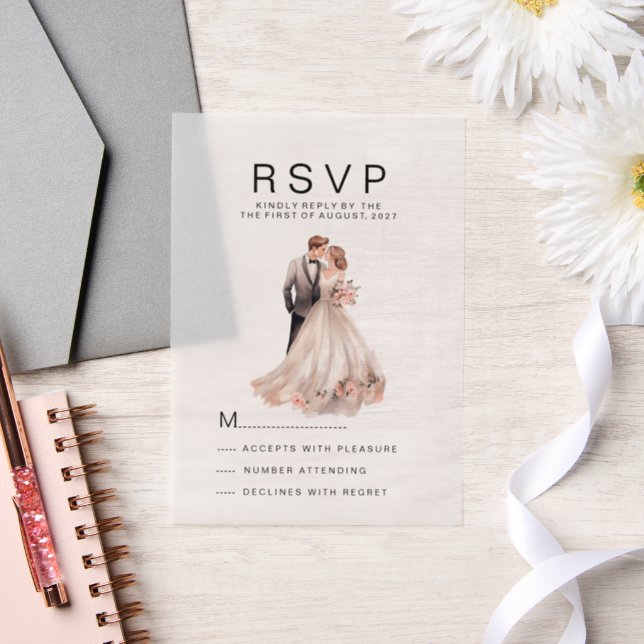 Blush pink grey floral couple photo RSVP Vellum Invitations (Wedding)
