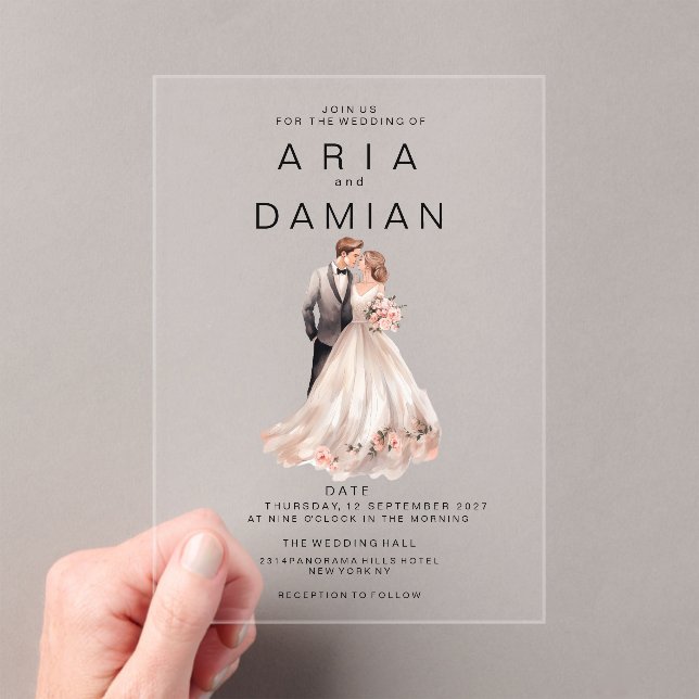 Blush pink grey floral couple photo Wedding Acrylic Invitations (Insitu (Handheld))