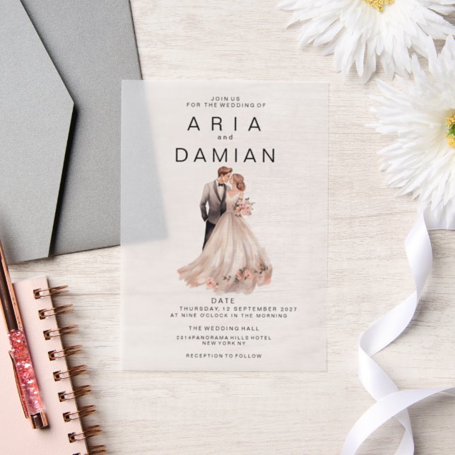 Blush pink grey floral couple photo Wedding Vellum Invitations (Wedding)