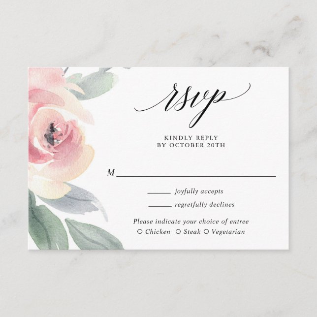 Blush pink grey floral elegant wedding RSVP Enclosure Card (Front)