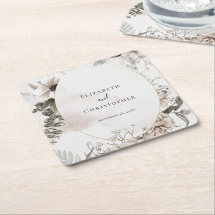 Blush Pink Grey Floral Watercolor Wedding Square Paper Coaster