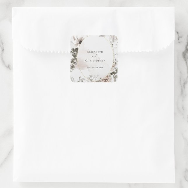 Blush Pink Grey Floral Watercolor Wedding Square Sticker (Bag)