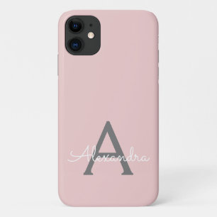 Blush Pink Grey Girly Script Monogram Name Modern iPhone 11 Case