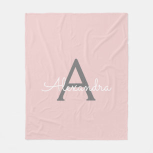 Blush Pink Grey Girly Script Monogram Name Modern Fleece Blanket
