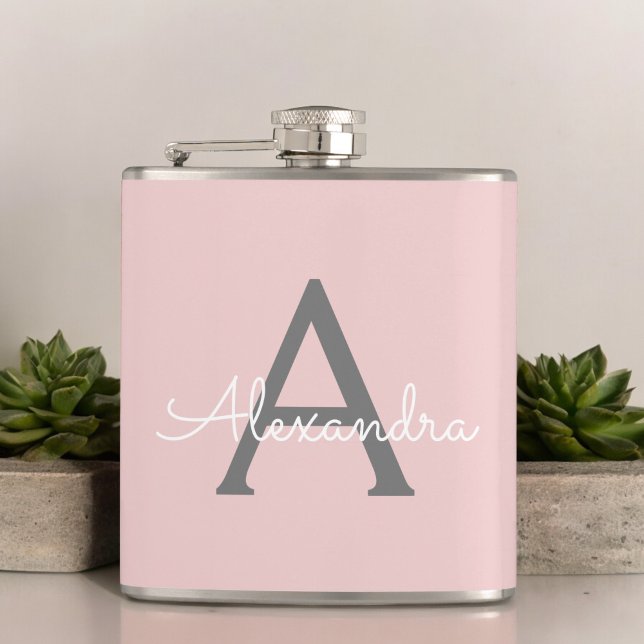 Blush Pink Grey Girly Script Monogram Name Modern Hip Flask (Creator Uploaded)