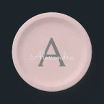 Blush Pink Grey Girly Script Monogram Name Modern Paper Plate<br><div class="desc">Blush Pink and Grey Monogram Add Your Own Name Script Party Plates. This makes the perfect sweet 16 birthday,  wedding,  bridal shower,  anniversary,  baby shower or bachelorette party gift for someone that loves glam luxury and chic styles.</div>