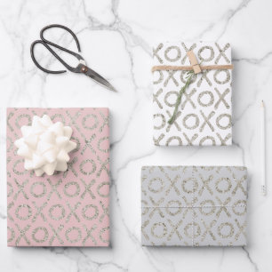 Blush Pink Grey Glitzy Silver XOXO Wrapping Paper Sheet