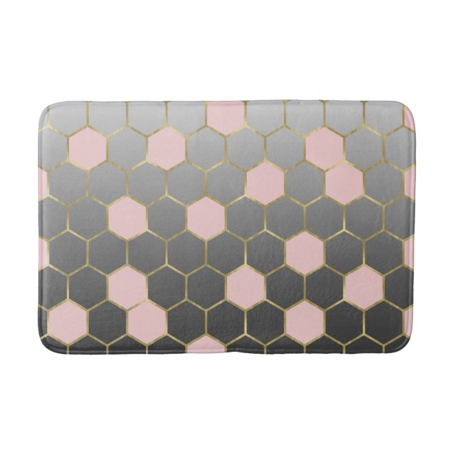 Blush Pink Grey & Gold Hexagon Modern Glam Bath Mat (Front)