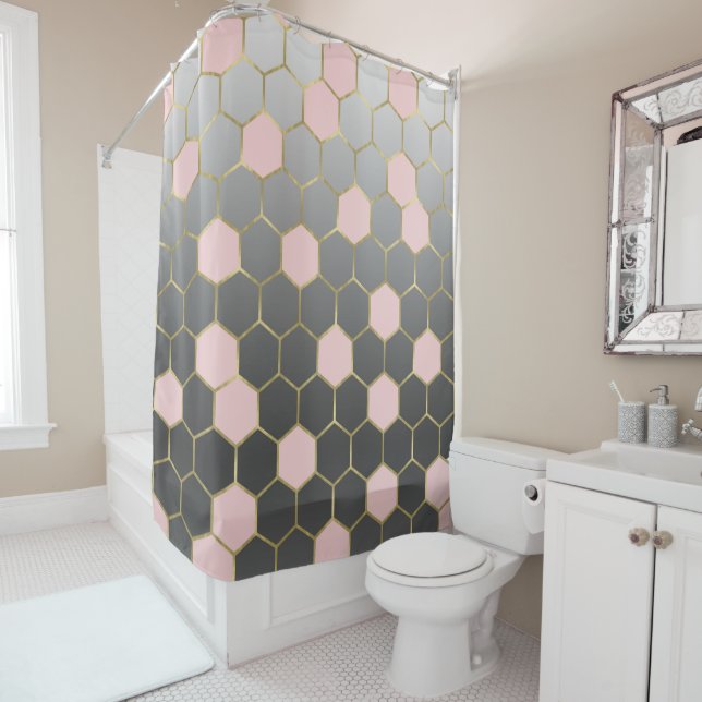 Blush Pink Grey & Gold Hexagon Modern Glam Shower Curtain (In Situ)