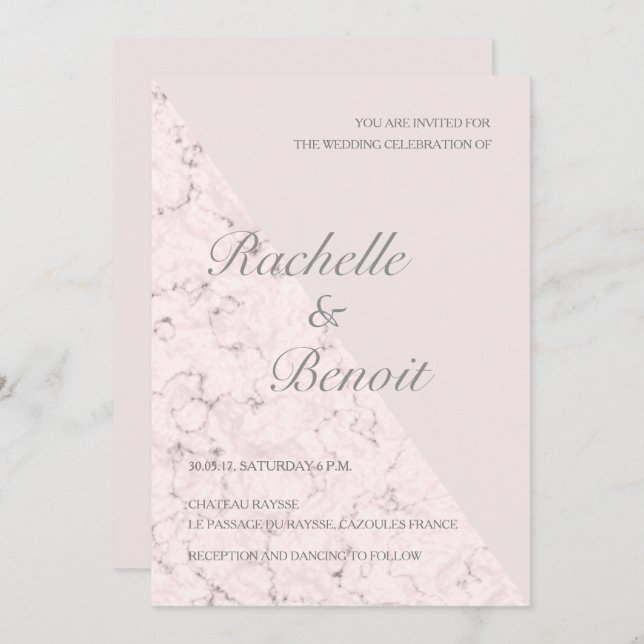 Blush pink grey marble elegant modern wedding invitation (Front/Back)